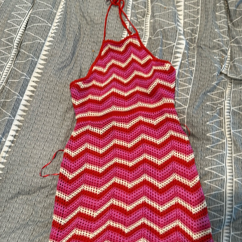 Red, pink and cream striped crocheted halter dress
